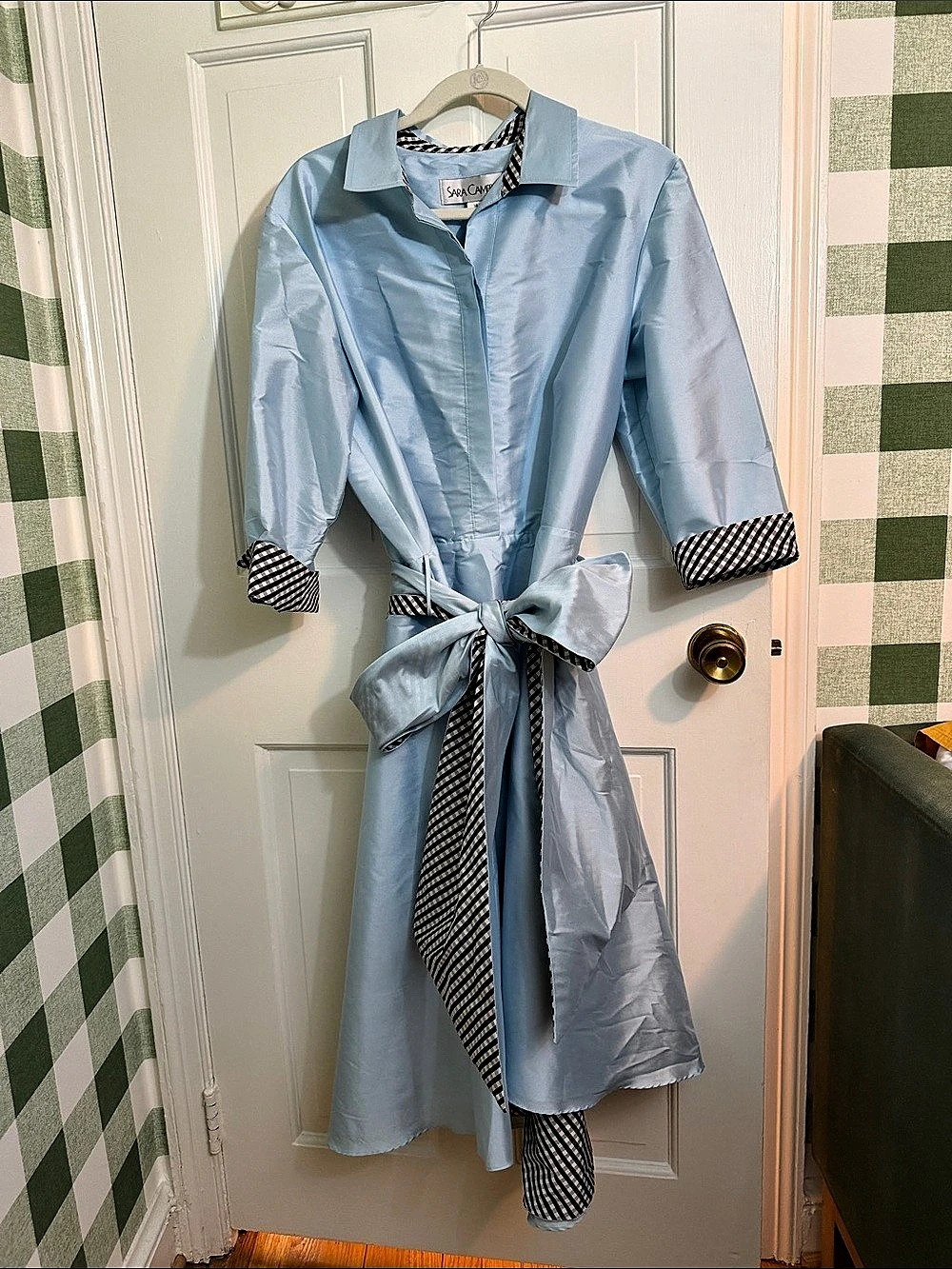 Sara Campbell 3/4 SLV HI-LO SHIRT DRESS W/ CHECK COMB Blue & Black Size 14